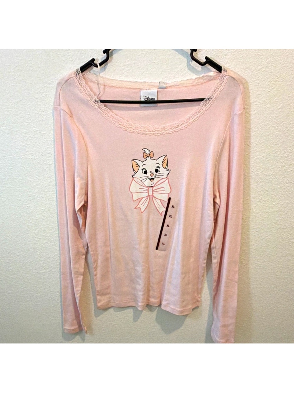 Disney Marie Aristocats Pink Graphic Lace Trim Scoop Neck Long Sleeve Tee XL